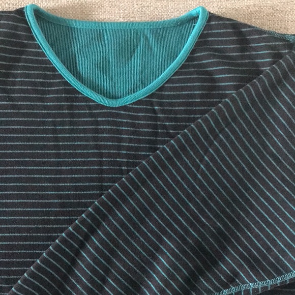Turquoise and Black Striped Sweater, Ribbed Knit, Reverse is Solid Turquoise - Picture 1 of 2